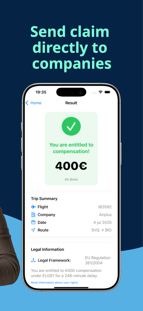 Flight & Train Claim - Interface of the Flight and Train Claim app displaying a 400 Euro compensation entitlement for a flight delay