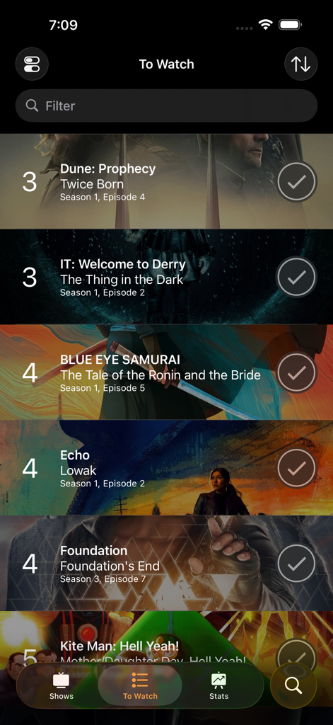Television Time - Uma tela de lista de observação no aplicativo Television Time mostrando episódios rastreados de séries como Dune Prophecy e Blue Eye Samurai com uma marca de seleção para marcá-los como assistidos.