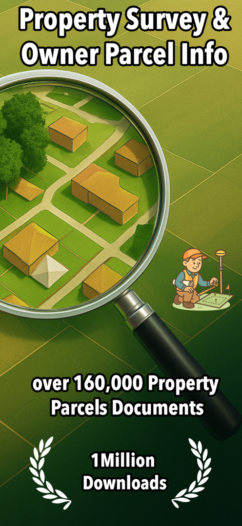 Property Survey GPS - Promotional graphic for Property Survey GPS app featuring a magnifying glass over a land parcel map and a surveyor character illustration.