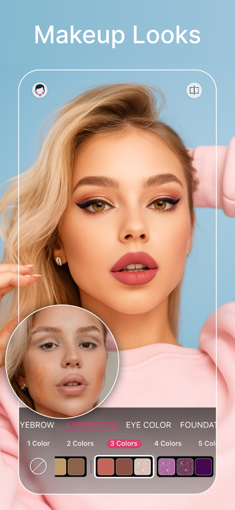 Before and after comparison of virtual makeup and eyeshadow application in the YouCam Perfect app