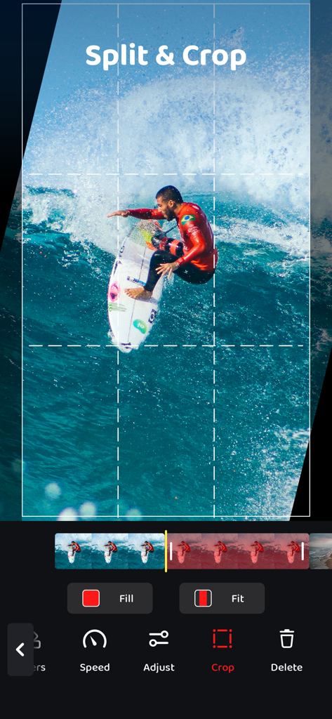 Interfaz de edición de vídeo móvil que muestra herramientas de dividir y recortar para creadores de contenido de redes sociales.