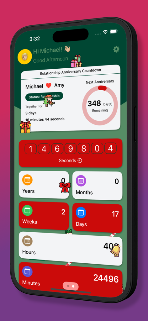 Our Time Together - A mobile app interface tracking a couple's relationship duration and countdown to their next anniversary.