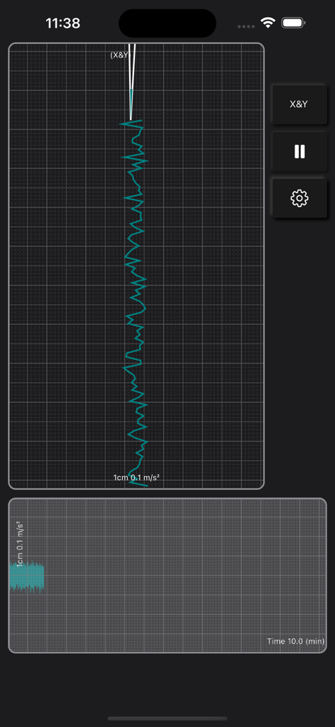 Seismometer-App, die Echtzeit-Vibrationsdaten auf einem Gitter-basierten Diagramm mit X- und Y-Achsen-Verfolgung anzeigt.