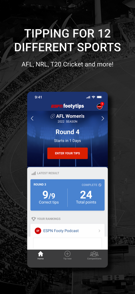 footytips - Footy Tipping App - Interfaz de la aplicación footytips de ESPN para pronósticos deportivos y resultados