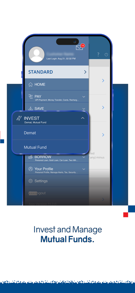 A screenshot of the HDFC Bank MobileBanking app menu highlighting the investment options for demat and mutual funds.
