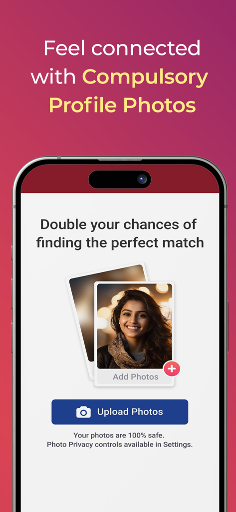 Pantalla de smartphone de la aplicación Matrimonio Punjabi by Sangam que muestra la función obligatoria de carga de fotos de perfil para un emparejamiento seguro