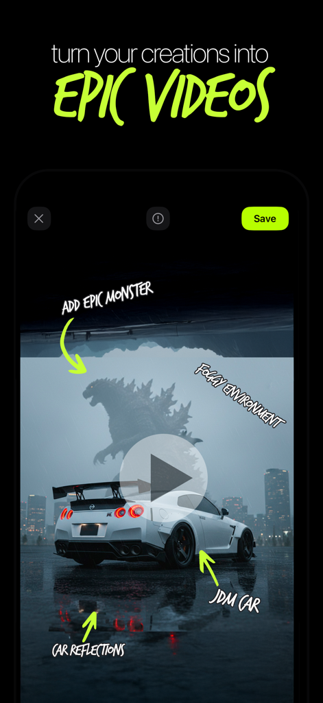 Driftshot - AI Car Designer - Driftshot app interface showing a cinematic video of a white Nissan GTR with an AI-generated giant monster in a rainy city.