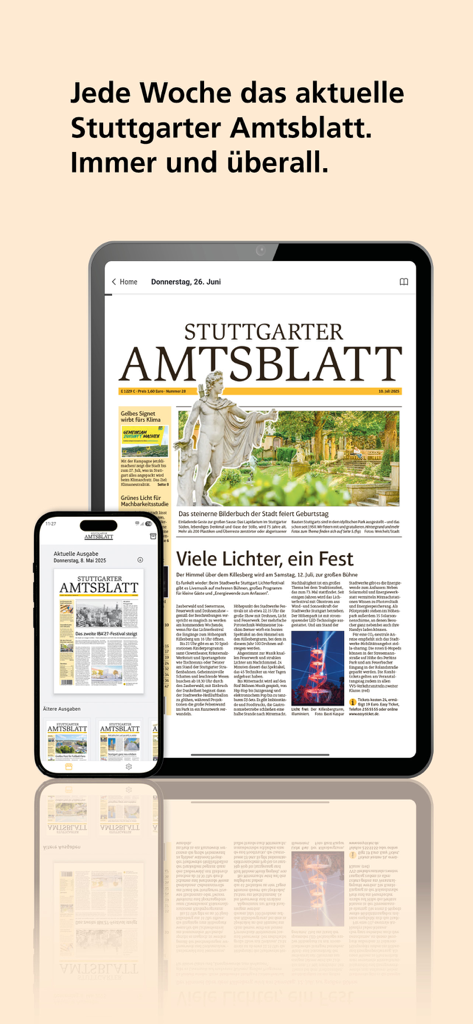 Stuttgarter Amtsblatt - Digitale Version des offiziellen Amtsblatts Stuttgarter Amtsblatt auf einem Tablet und Smartphone angezeigt.