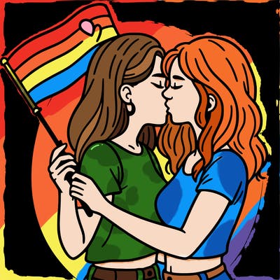 two women kissing while holding an lgbt flag