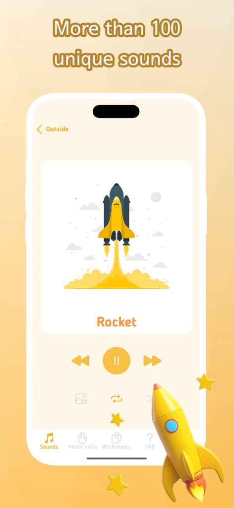 Speech Therapy: Let Me Talk - The Speech Therapy Let Me Talk app screen featuring a rocket illustration and audio playback controls.
