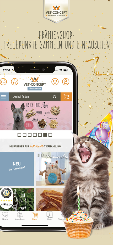 Vet-Concept - Vet-Concept mobile App-Screenshot, der den Prämienshop und das Treuepunktprogramm mit einer Katze mit Geburtstagshut und einem Cupcake zeigt