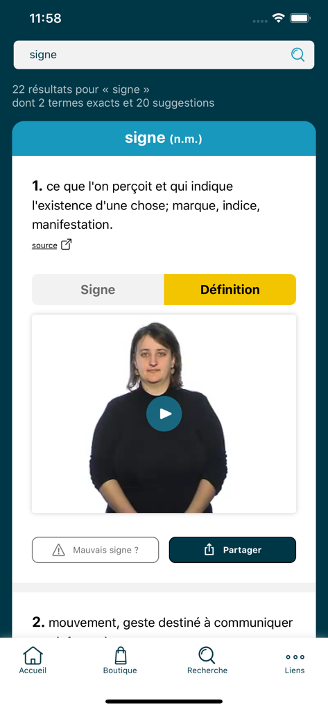 Elix - Capture d'écran de l'application Elix montrant une définition du dictionnaire français et un tutoriel vidéo pour la langue des signes française.