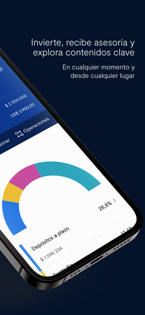 BTG Pactual Chile Inversiones - A close-up of an iPhone screen showing the BTG Pactual Chile Inversiones app with a colorful investment portfolio donut chart.