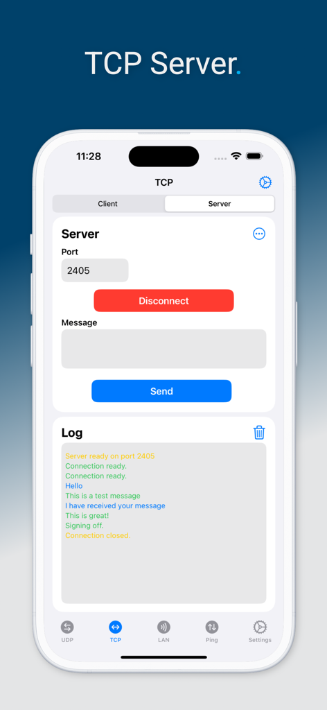 Interfaz del servidor TCP de la aplicación UDP TCP Network Utility que muestra registros de comunicación y configuración de puerto