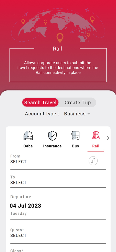 SOTC EVA - SOTC EVA Mobile App-Oberfläche für die Buchung und Suche von Bahnreisen für Unternehmen