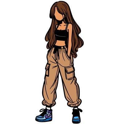 girl in baggy pants crop top and long hair