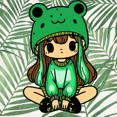 a girl wearing a frog hat and some frog socks