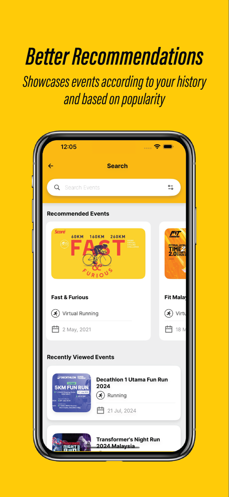 Interface de pesquisa da app HeyJom mostrando recomendações personalizadas de eventos de fitness e corridas vistas recentemente.