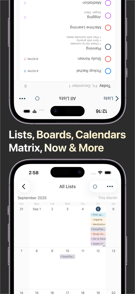GoodTask - To Do List, Tasks - GoodTask app showing list and calendar views for task management
