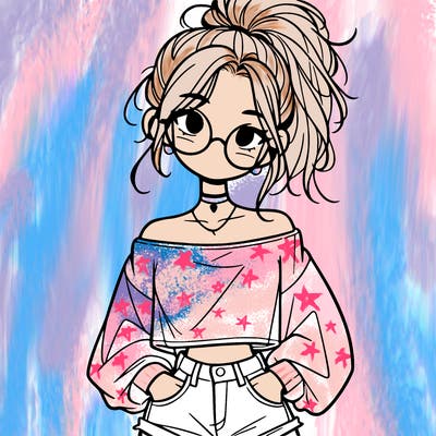 girl with a messy ponytail glasses a baggy crop top and jean shorts