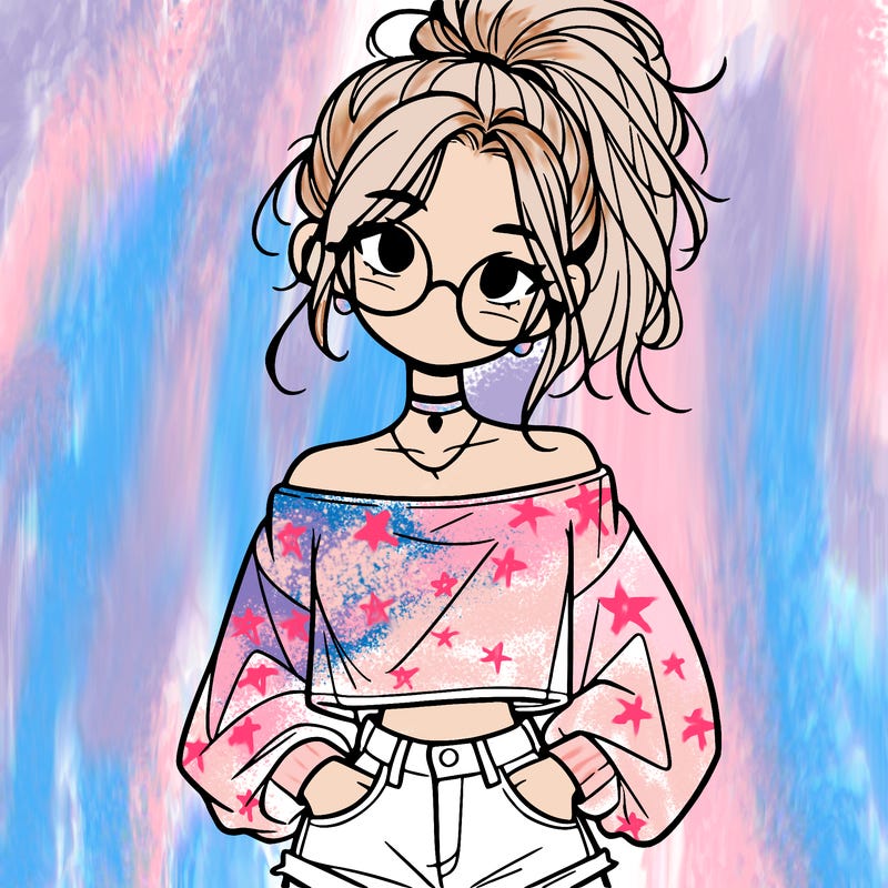 girl with a messy ponytail glasses a baggy crop top and jean shorts