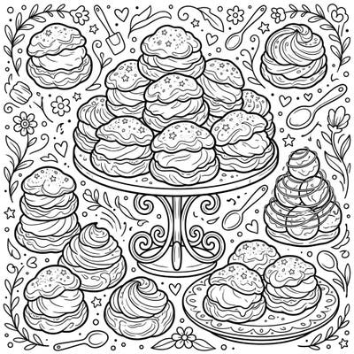 Get ready for a sweet treat with this adorable cream puffs coloring page! Perfect for kids, it features a charming display of delicious pastries ready for a splash of color.