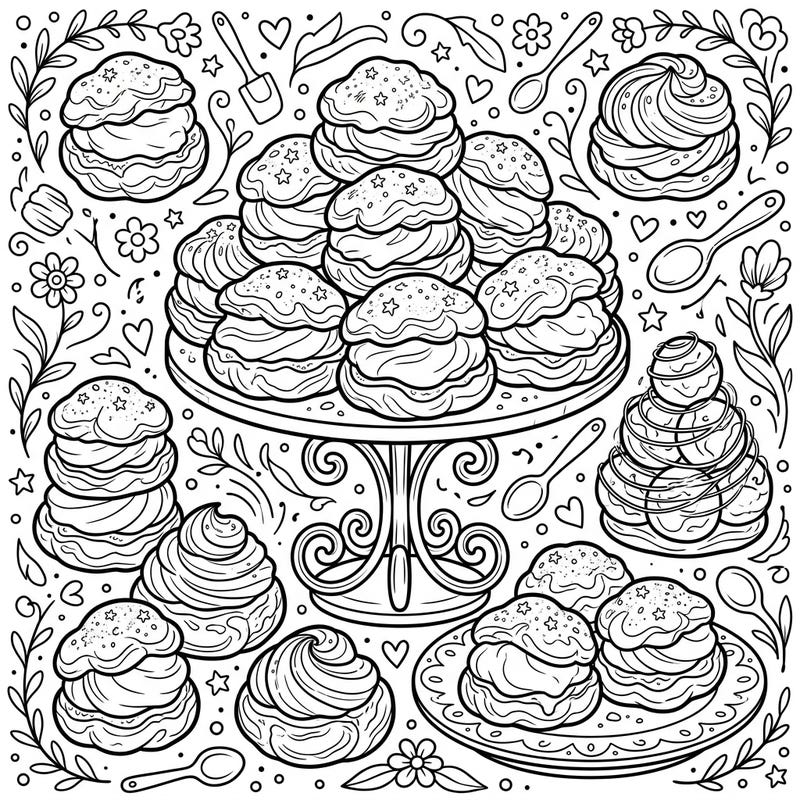 Get ready for a sweet treat with this adorable cream puffs coloring page! Perfect for kids, it features a charming display of delicious pastries ready for a splash of color.