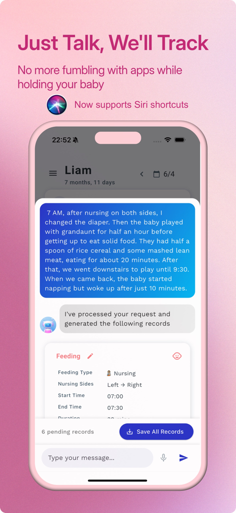 Bloom Baby Tracker - Auto Log - Bloom Baby Tracker app interface showing voice-to-text AI conversion for automated baby activity logging.
