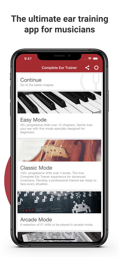 Complete Ear Trainer - Home screen of the Complete Ear Trainer app displaying different game modes like Easy Classic and Arcade