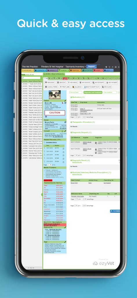 Um smartphone mostrando um registro detalhado de paciente veterinário com histórico clínico e medicação no aplicativo ezyVet Connect