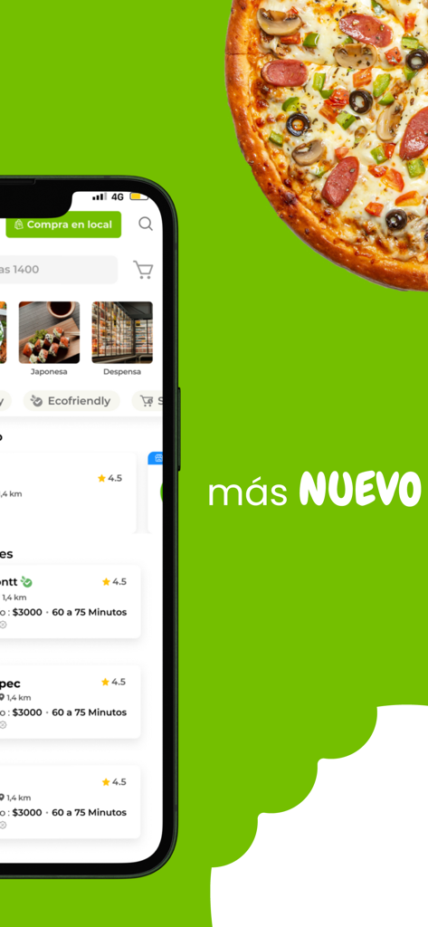 Amipass - Amipass mobile app screen showing local restaurant listings with an eco-friendly filter and a pizza in the background