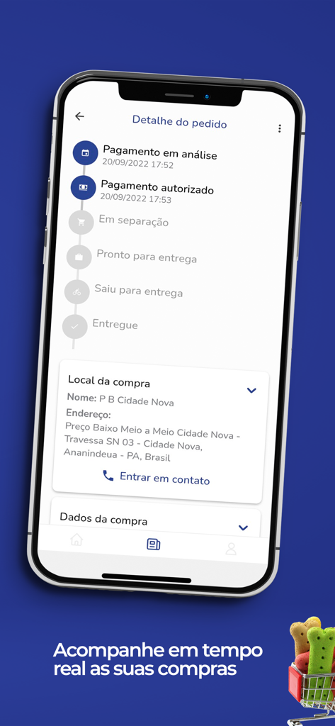 Meu PB - Interface of Meu PB app showing a real time order status timeline and store information