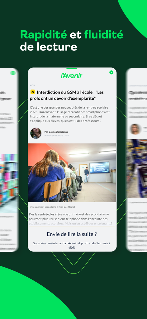 L'Avenir 뉴스 앱 스크린샷: 학교 휴대폰 금지에 대한 기사와 구독 알림 표시