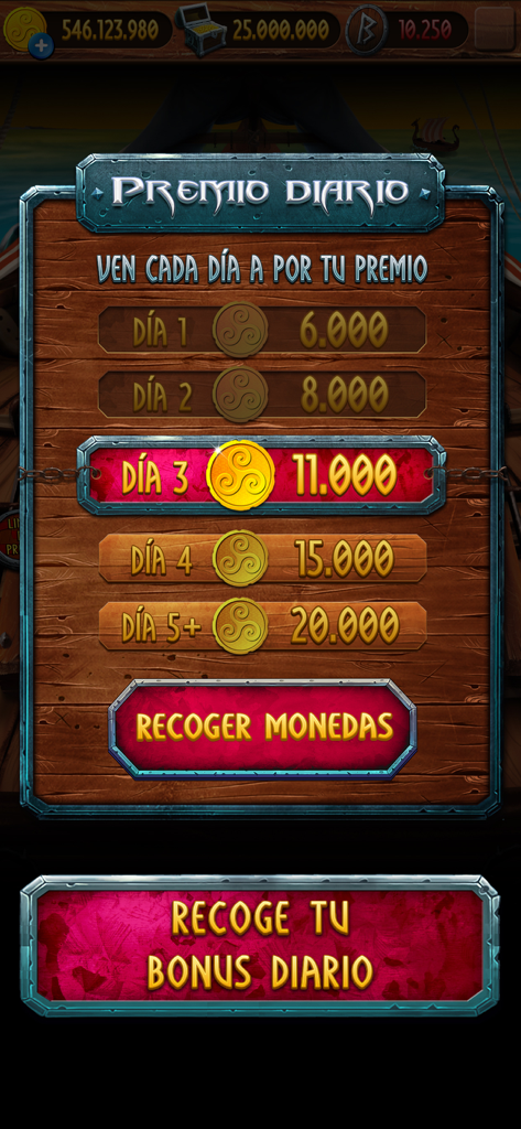 Vikingos – Máquina Tragaperras - Daily reward interface in the Vikingos slot machine app showing coin bonuses for five consecutive days