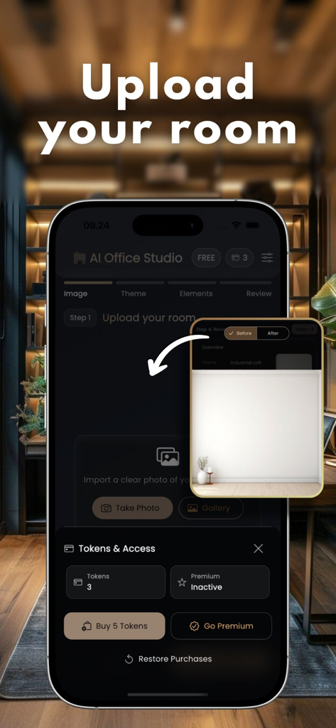 AI Office App-Oberfläche zum Hochladen eines Raumbildes und Verwalten von Tokens