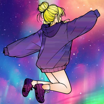 realistic girl jumping with a bun and oversized sweatshirt