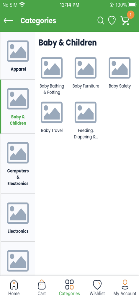 Next - Online Shopping App - Next online shopping app categories screen showing baby and children subcategories
