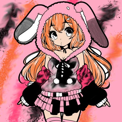 pretty anime girl wearing a fluffy hoodie with bunny ears on the hood and a skirt