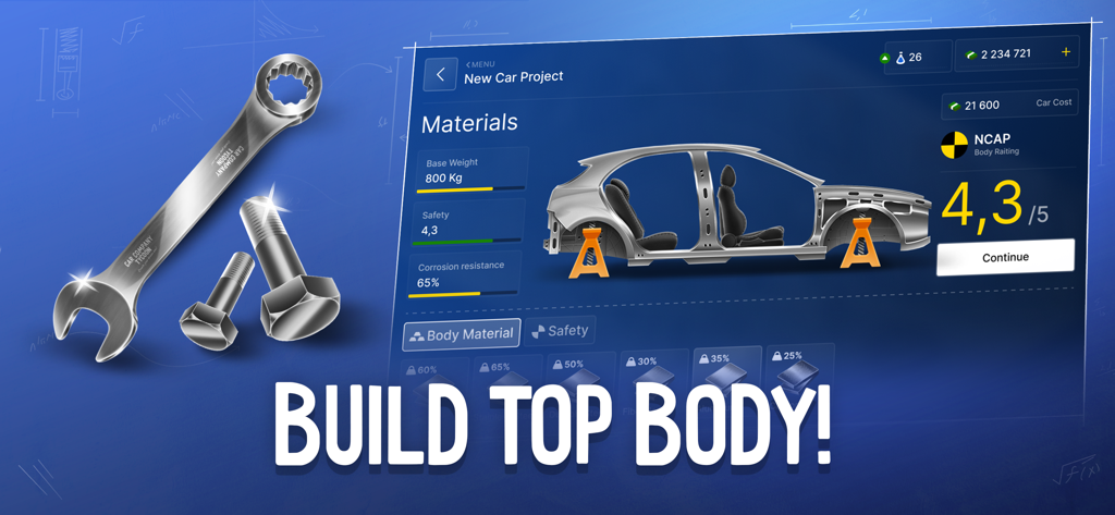 Interfaz que muestra los materiales de la carrocería del coche y las clasificaciones de seguridad en Magnate de Empresas de Coches