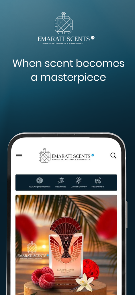 Emarati Scents mobile app interface showing a luxury perfume bottle and authentic fragrance shopping features