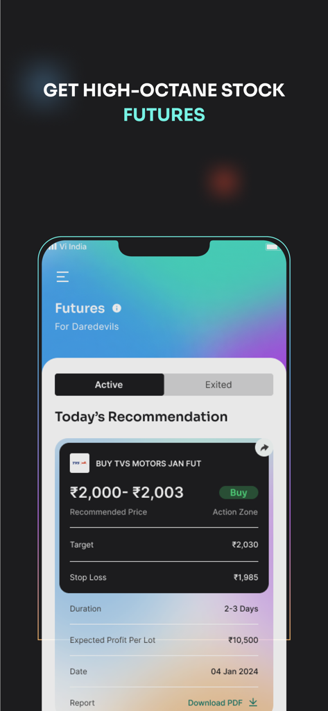 Waya mobile app screen showing a detailed stock futures trading recommendation with entry and exit prices