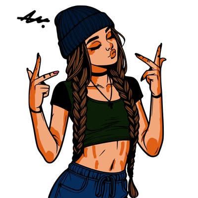 realistic teenage girl with braids and a beanie and crop top doing 🫶🏼