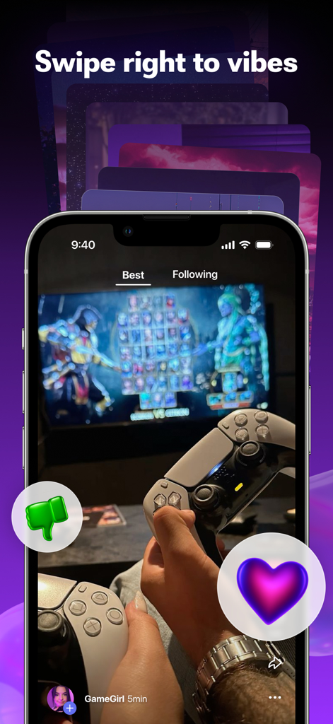 Scrolla: fun reels, no stress - Interfaz de la aplicación Scrolla mostrando un video de juegos con la función 'swipe to vibe' y iconos de reacción de corazón