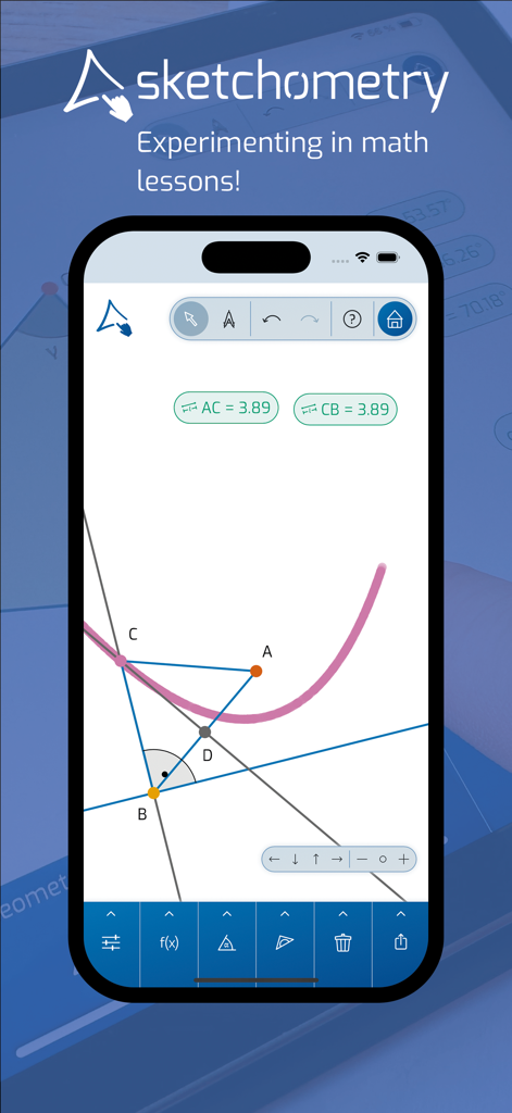 Display dello smartphone dell'app sketchometry che mostra una costruzione geometrica dinamica con segmenti di linea e misurazioni degli angoli.