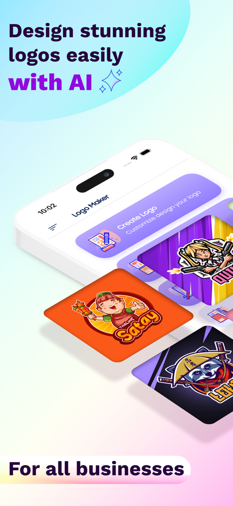 LogoX - AI Logo Maker - Pantalla de smartphone mostrando la interfaz de la aplicación LogoX con ejemplos de logos generados por IA para comida y gaming