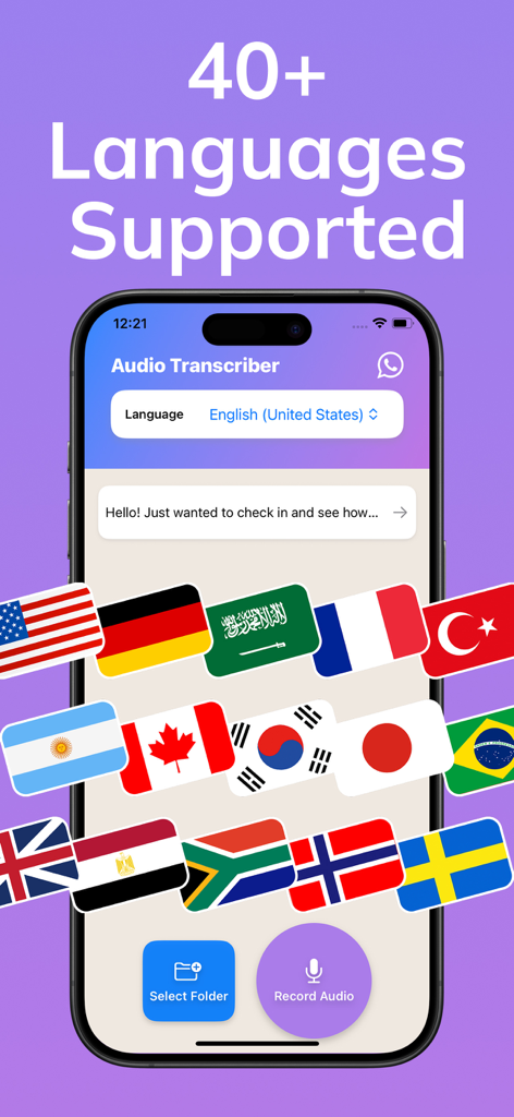 Whisper AI Voice to Text - Whisper AI app interface highlighting support for over 40 languages with a display of international flags