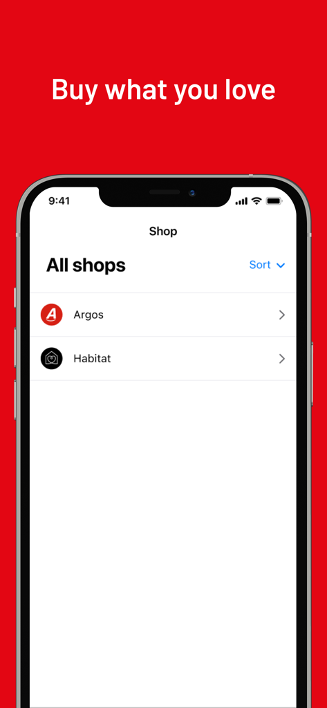 Argos Pay - Argos Pay App-Oberfläche, die den Bildschirmauswahlbildschirm mit Argos- und Habitat-Händlern unter dem Slogan 'Buy what you love' anzeigt