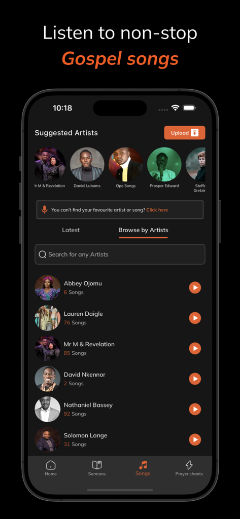 Spirit Nerds - Interface of Spirit Nerds app showing a list of suggested gospel artists and songs to browse