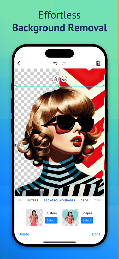 Cover Creator Pro, Cover Maker - Interface of the Cover Creator Pro app showing the background removal tool on a portrait image