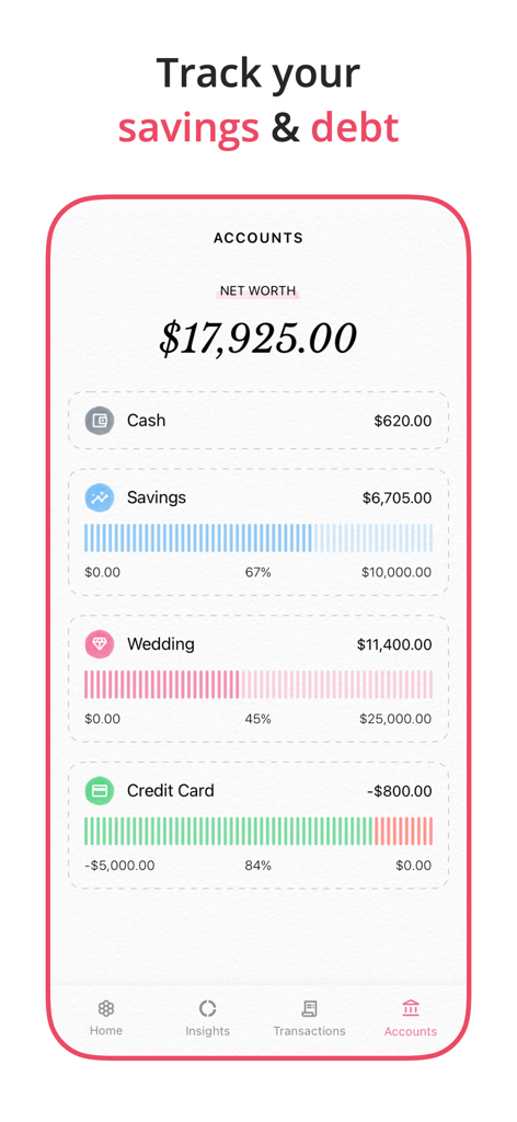 Fleur budget app accounts screen showing savings goals and debt tracking.